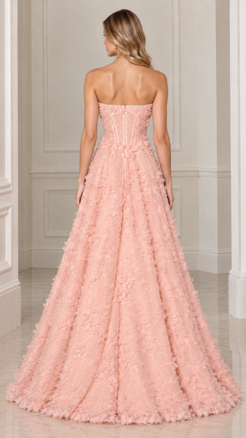 Back view of model in Blush Pink strapless corset evening dress
