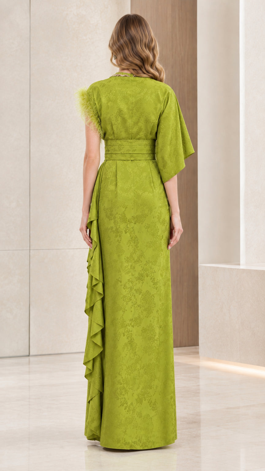 Back view of olive green jacquard evening gown