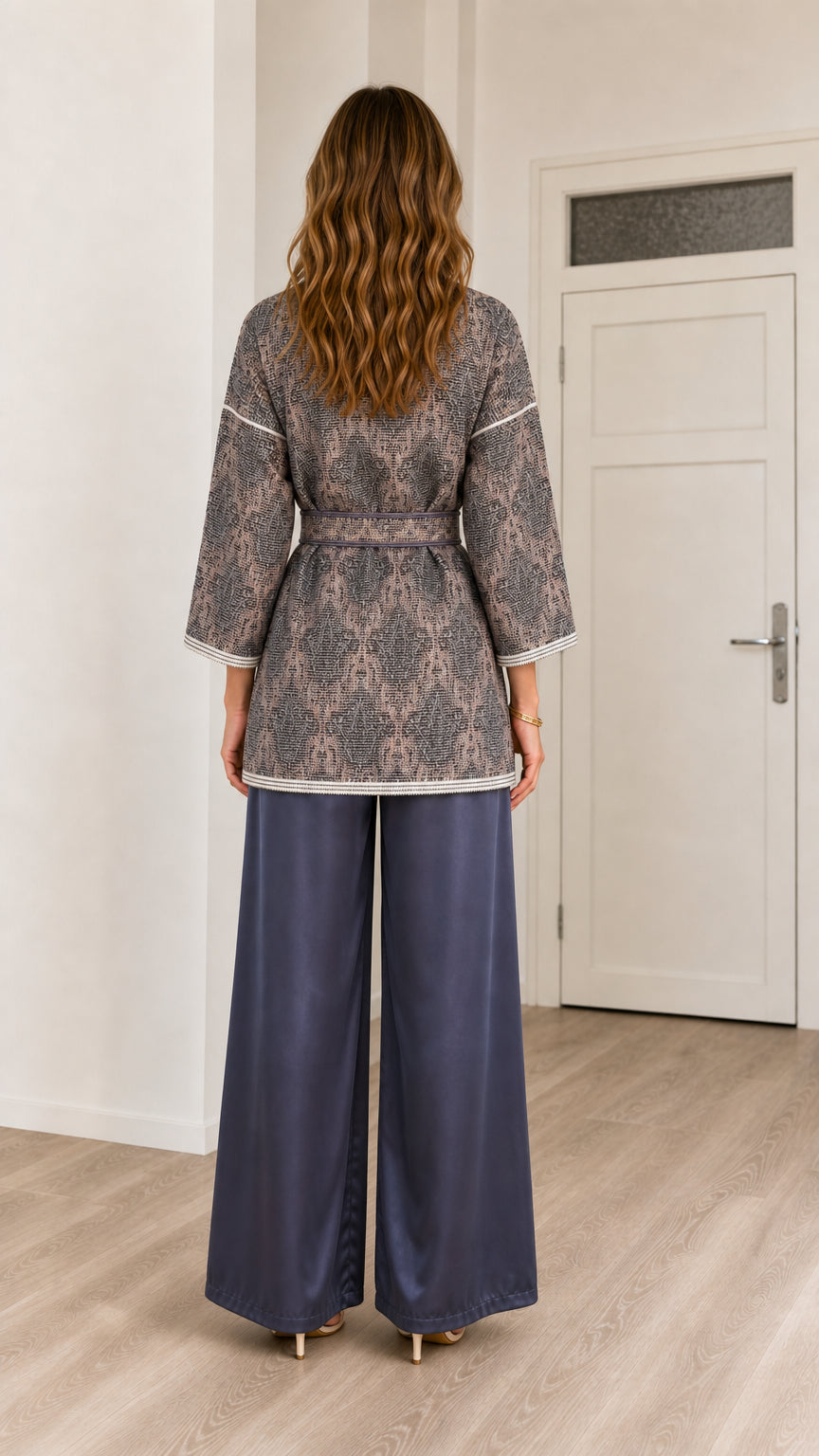 Back full-length view of Slate Grey jacquard belted kimono cardigan showing clean pattern and fit