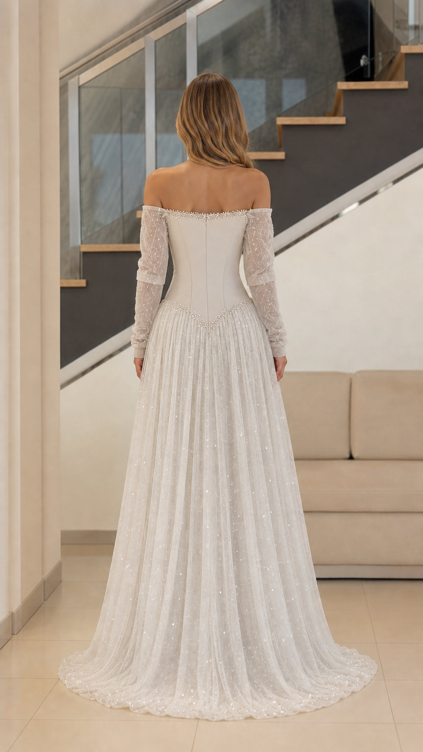 Ivory corset back evening gown with shimmering tulle skirt - back view