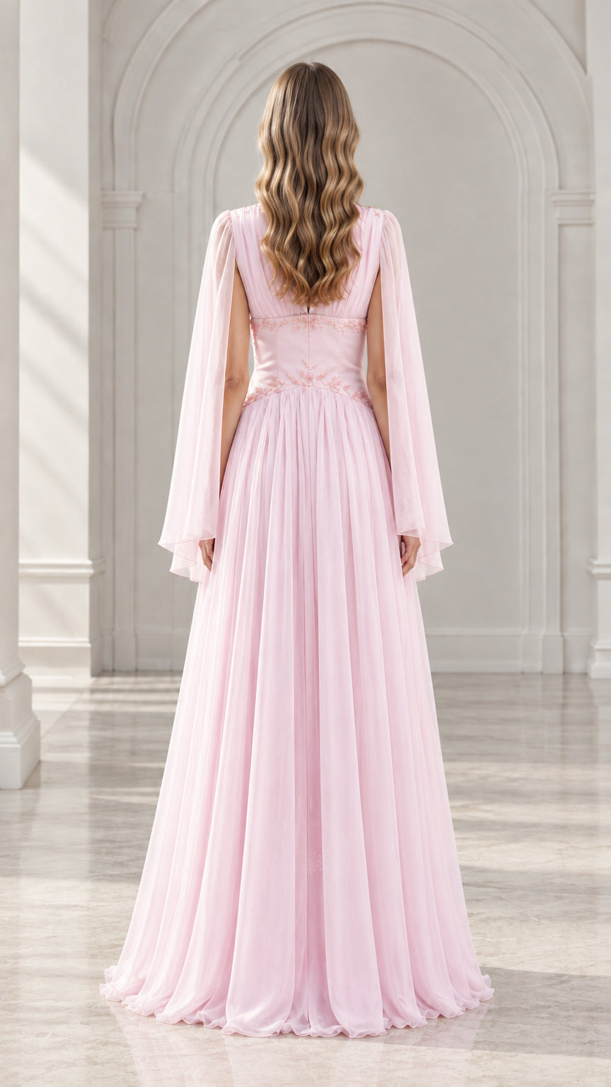 Back view of Light Pink floor-length cape evening gown