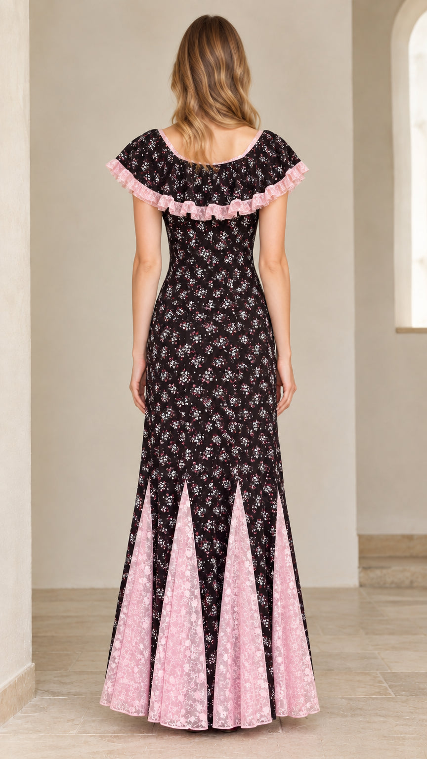 Back view of black floral maxi dress with wide ruffled lace neckline