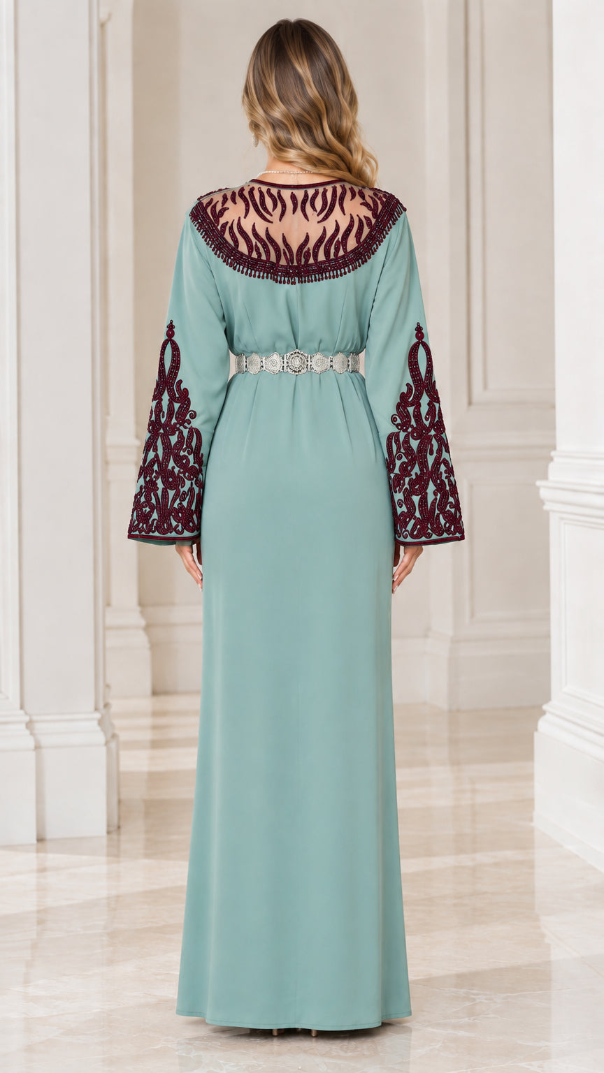 Back view of Sage Green caftan dress highlighting embroidered illusion back yoke