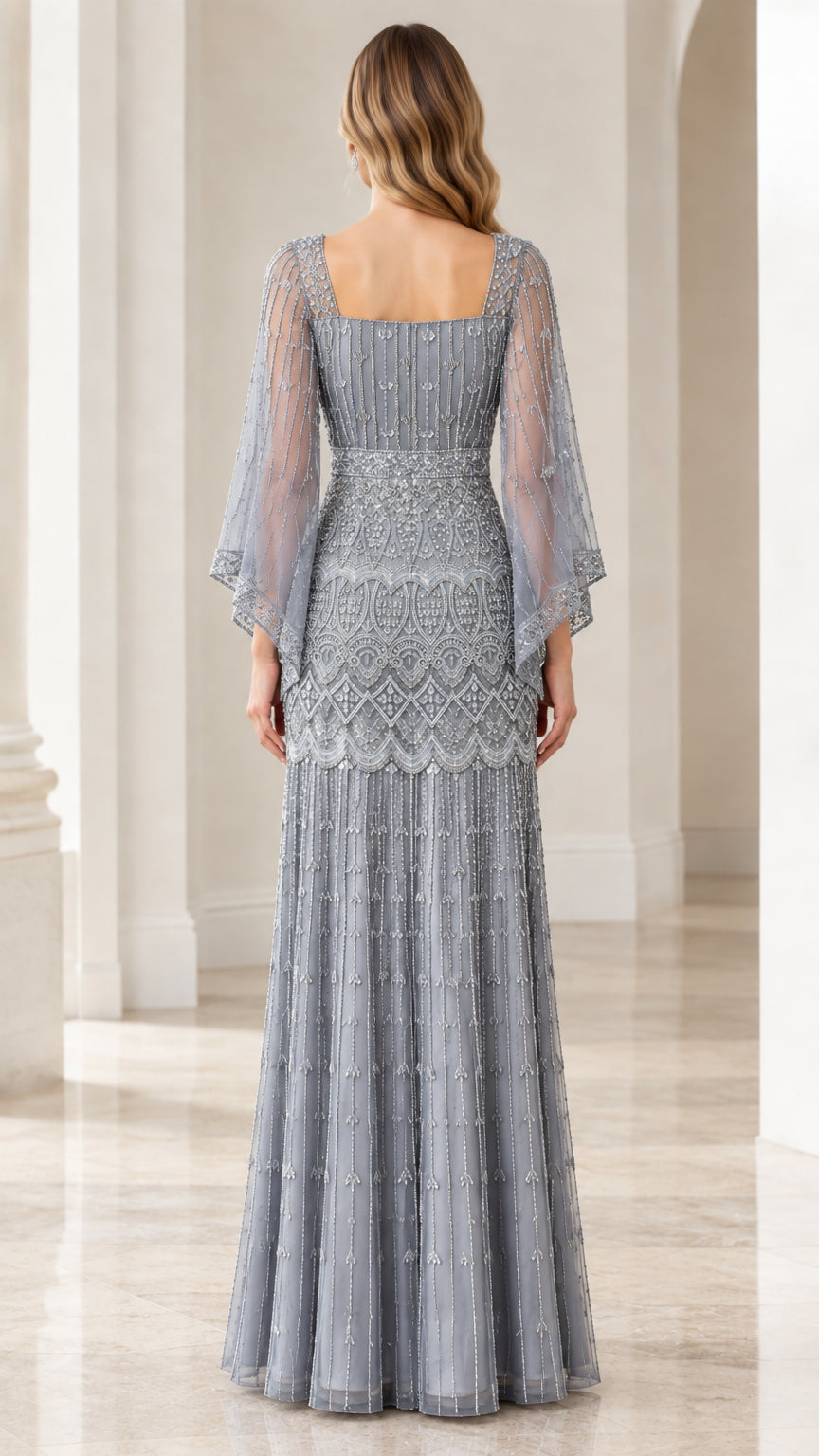 Dusty Blue beaded formal gown back view showing square back neckline