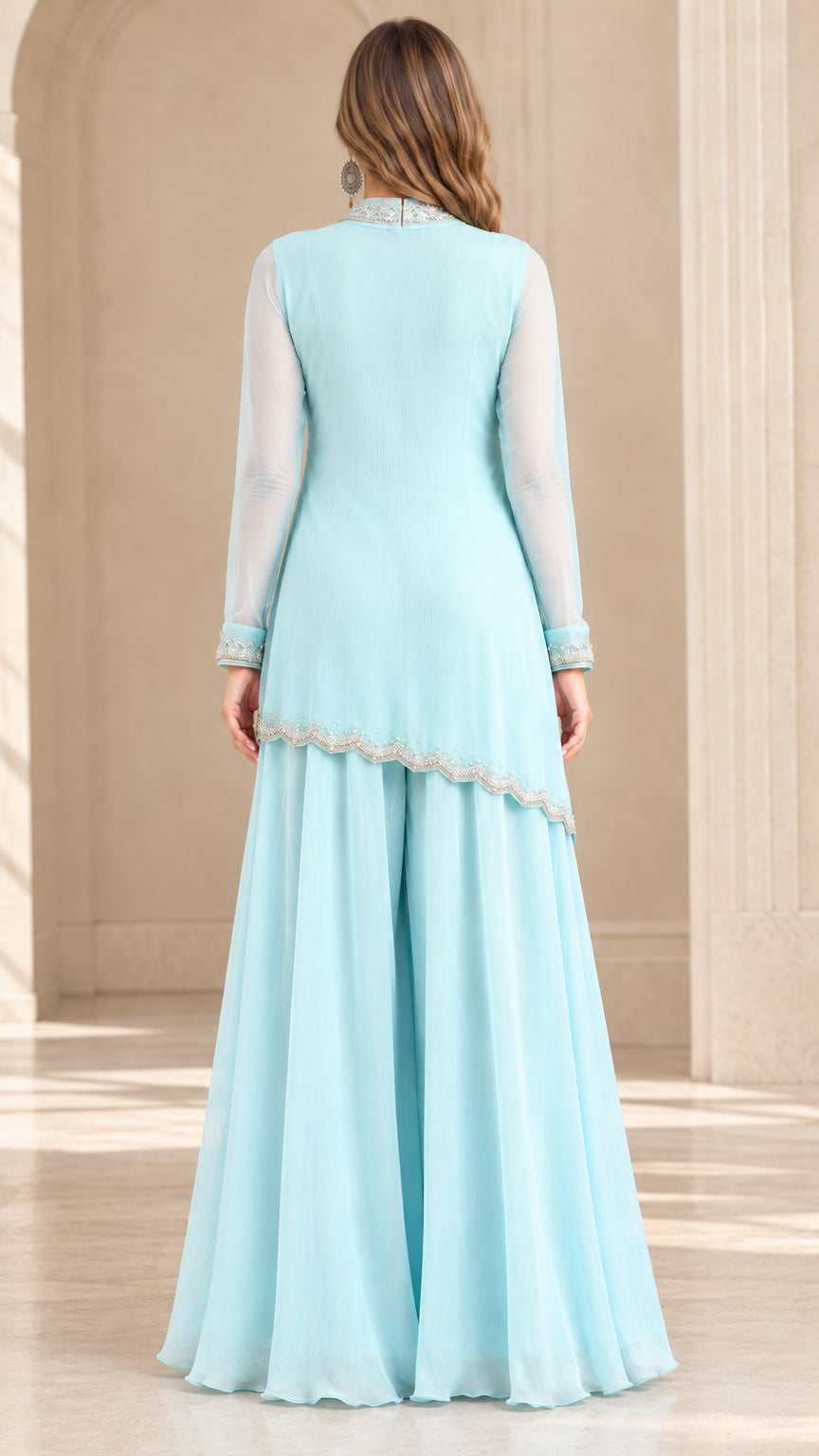 Sky Blue long sleeve formal tunic and palazzo trousers back view