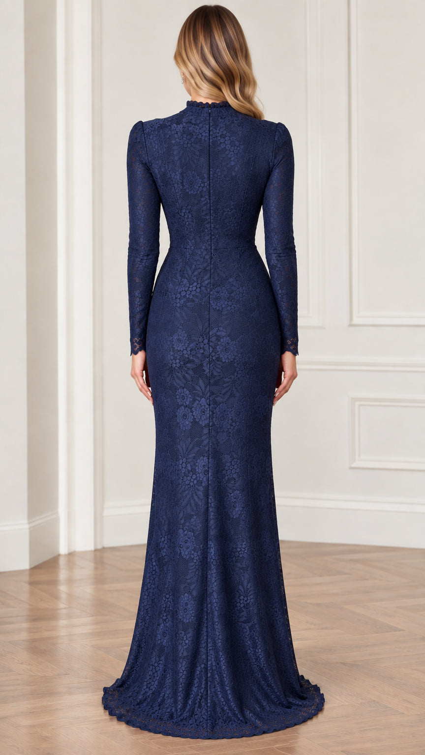 Back view of navy blue high neck long sleeve lace evening gown