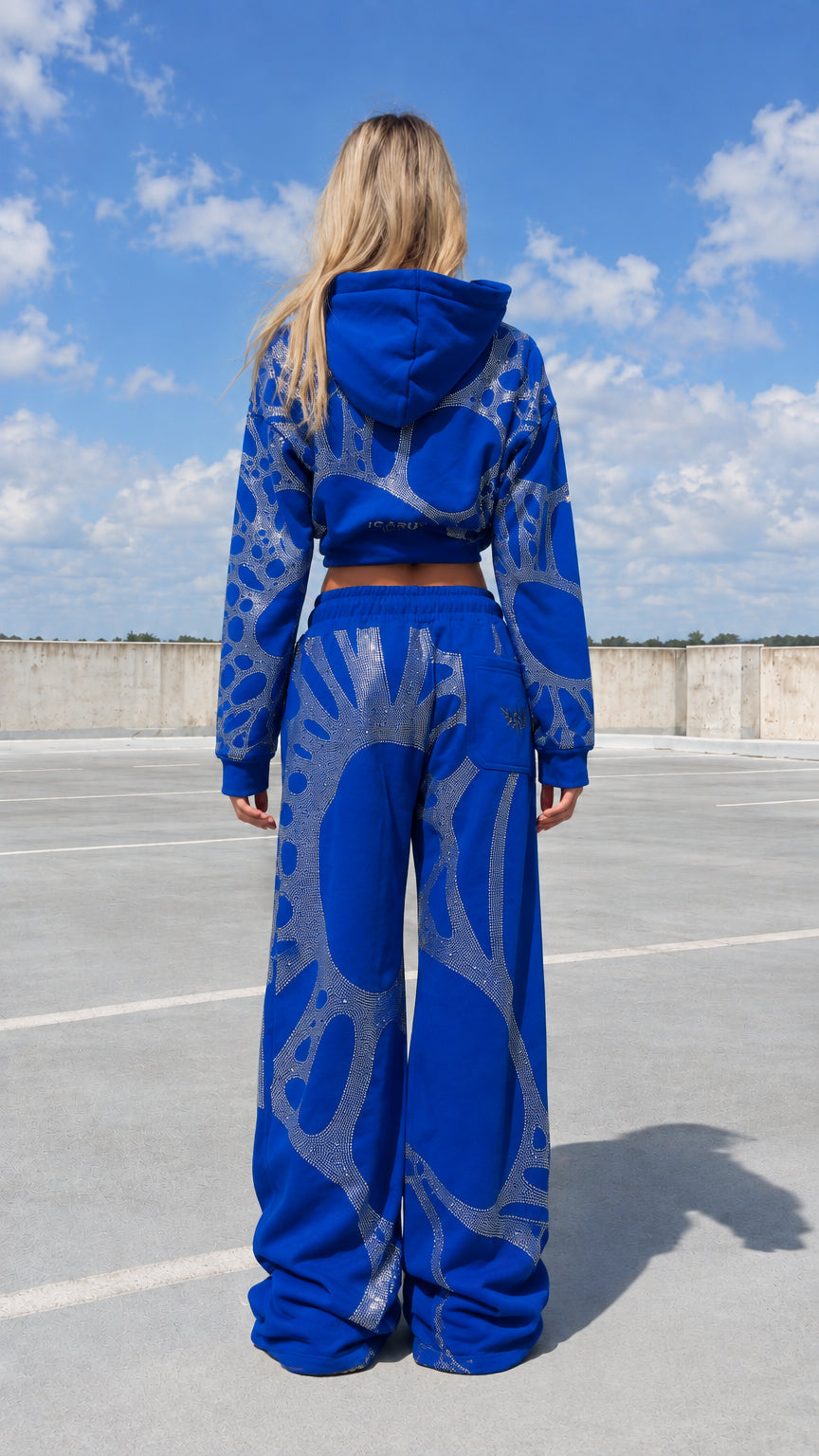 Back view of model in royal blue rhinestone hoodie and baggy sweatpants