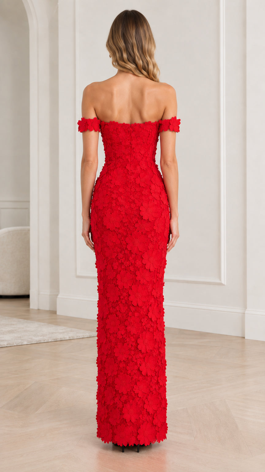 Red floral appliqué formal maxi dress back view