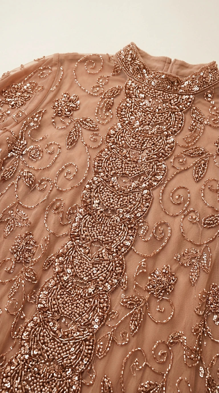 Close-up detail of intricate bronze and champagne beadwork on mesh