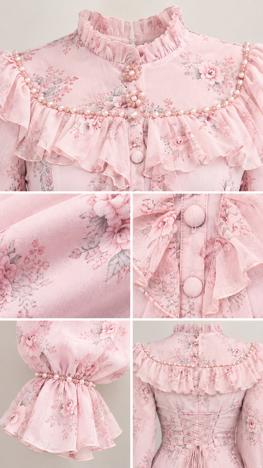 Close-up detail of pearl bead trim, ruffled collar, covered buttons, and smocked cuffs on pink floral dress