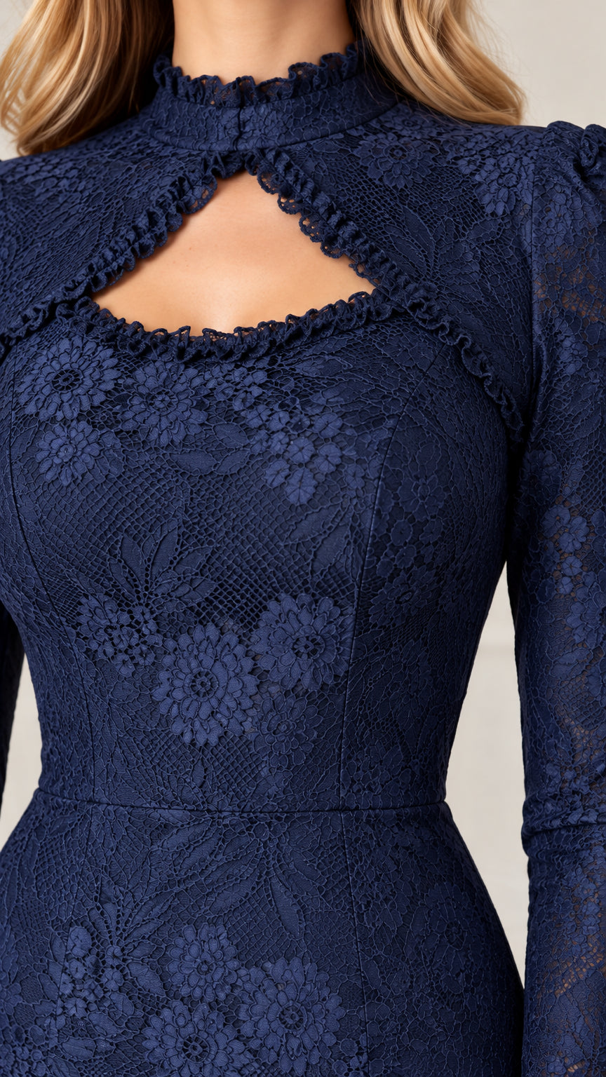 Close-up detail of navy blue lace neckline with ruffled trim and keyhole cutout