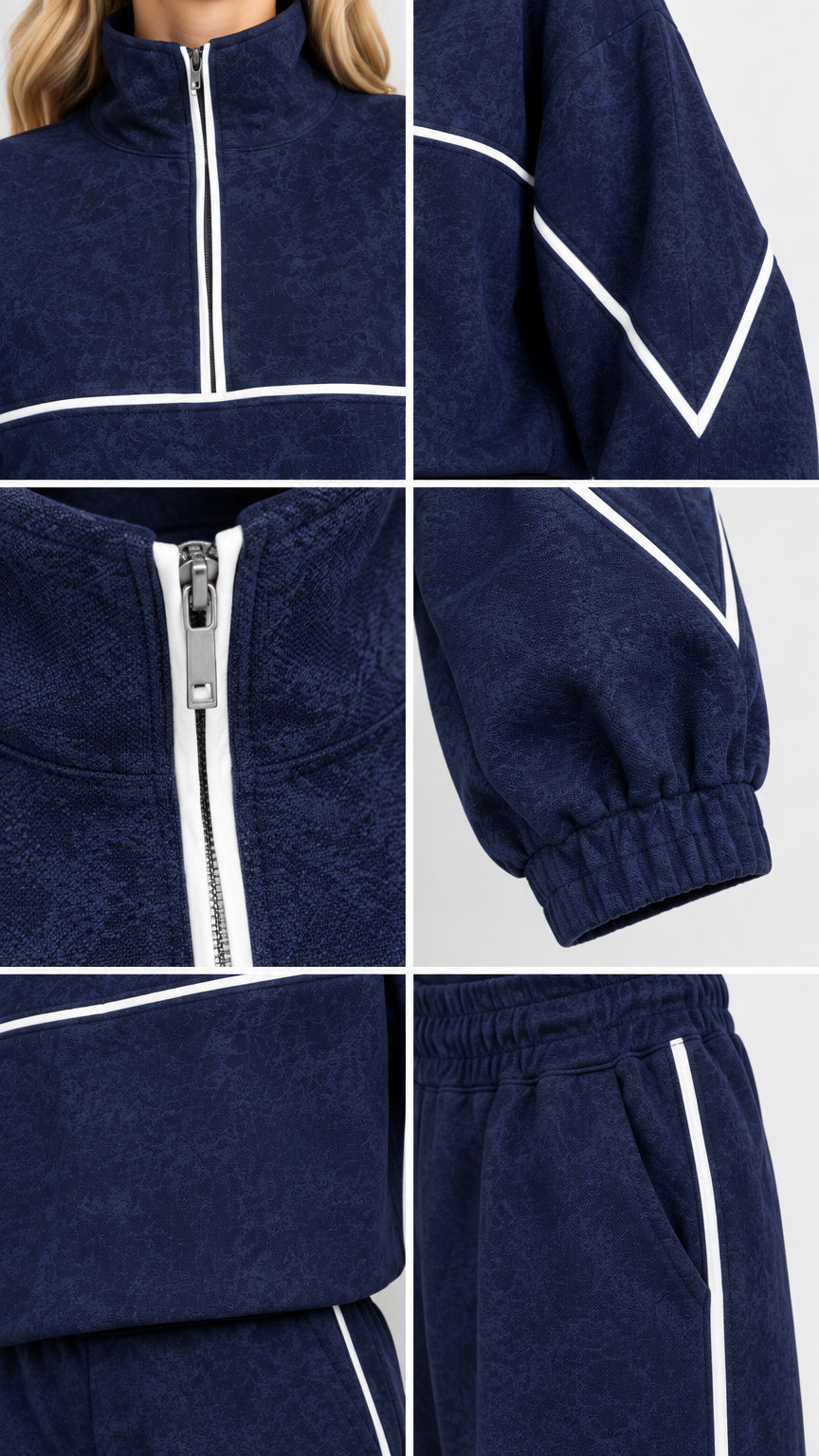 Detail view of quarter-zip neckline, cuffs, fabric texture, and piping