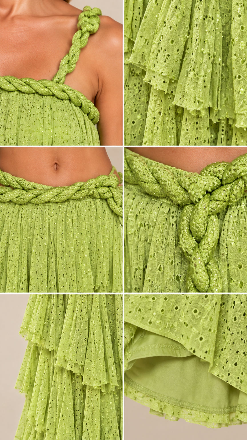 Close-up details of braided rope strap, cutout waist trim, eyelet ruffle texture, and lining