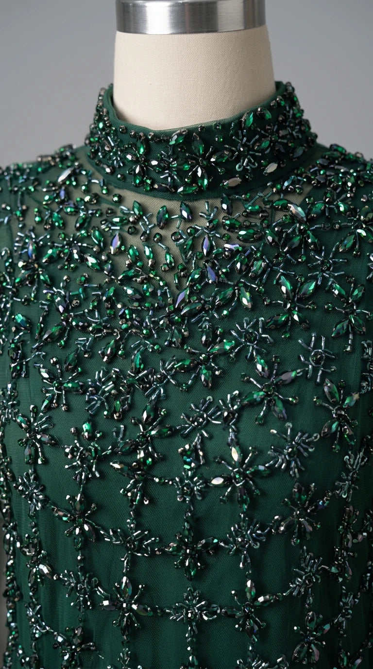 Close-up detail of high neck crystal and bead embellishment on tulle fabric