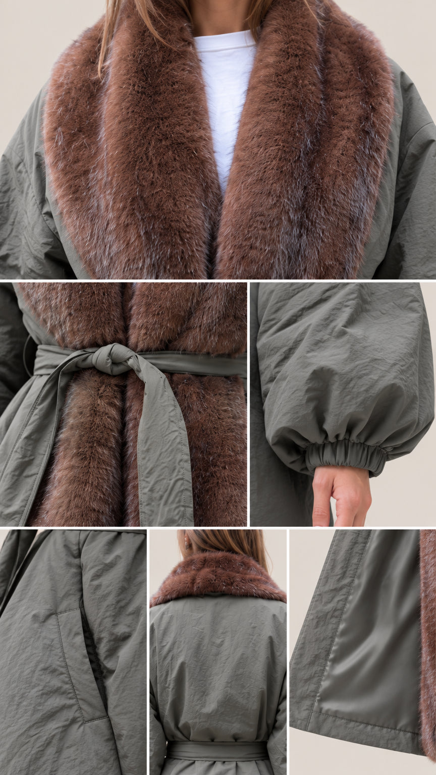 Close-up details of faux fur collar, tie waist belt, elastic cuff, and side pocket