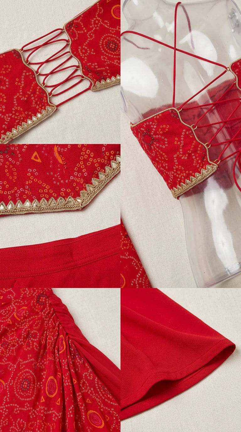 Close-up details of embroidered lace trims, lace-up ties, and gathered drape fabric