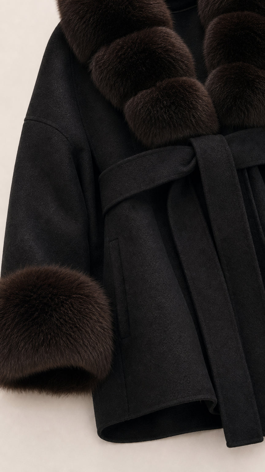 Close-up detail of textured black fabric and plush faux fur cuff and collar
