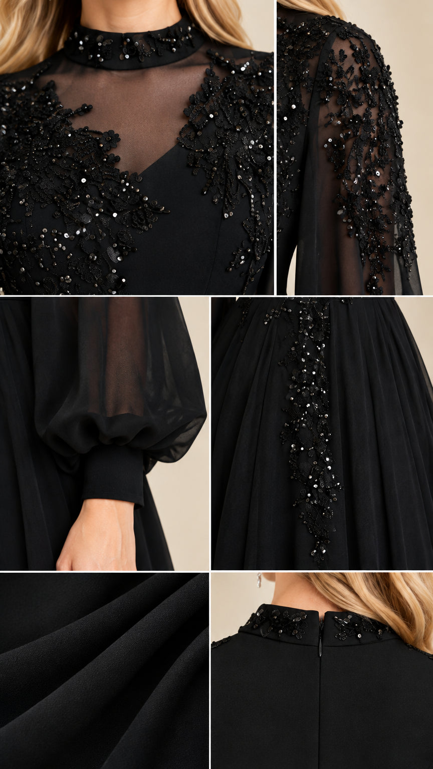 Close-up details of sequined illusion bodice, chiffon bishop sleeve cuff, and back collar