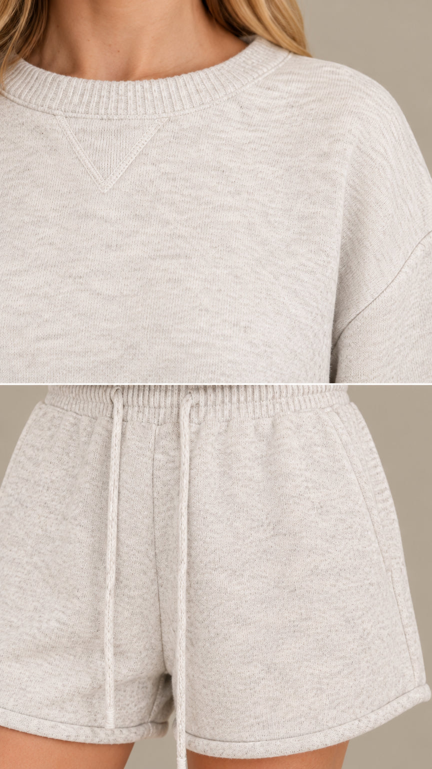 Close-up detail of ribbed neckline with V-stitch and drawstring elastic waistband on shorts