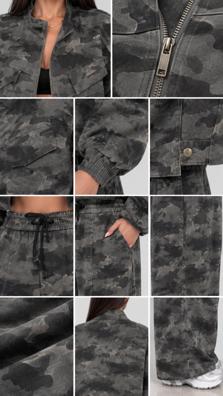 Close-up details of Green Camo jacket zipper, pockets, cuffs, and pant drawstring