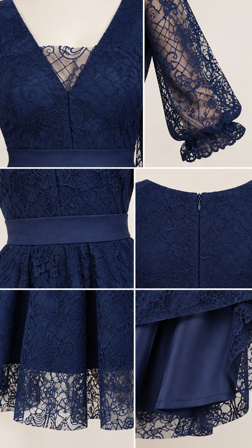 Detailed close-up collage of navy blue lace dress neckline, sleeves, waistband, and hem lining