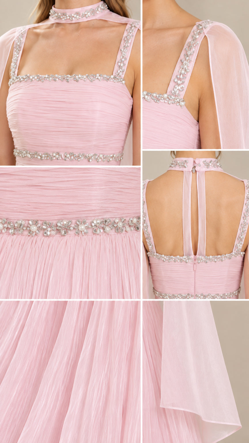 Close-up details of ruched bodice, crystal beading, and chiffon fabric