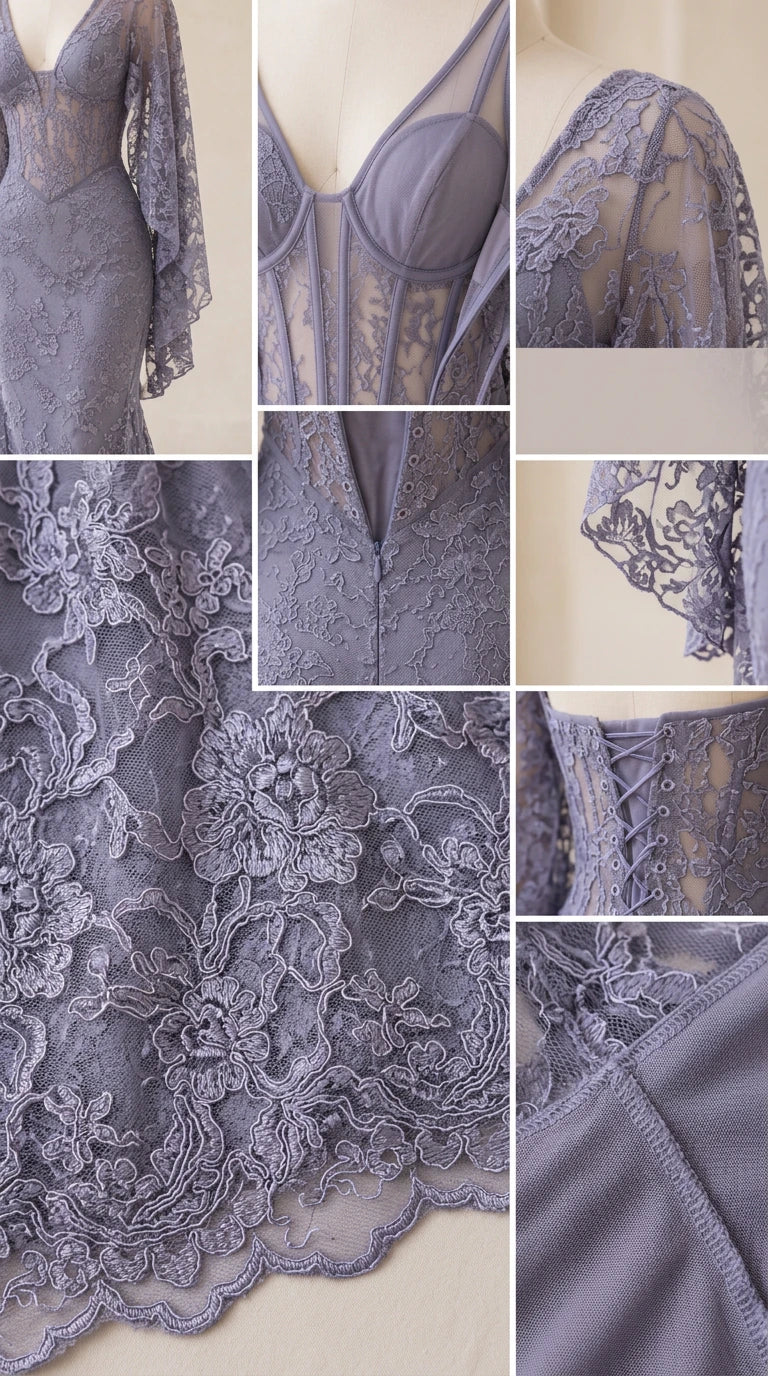 Close-up details of corset boning, floral lace embroidery, scalloped hem, and zipper