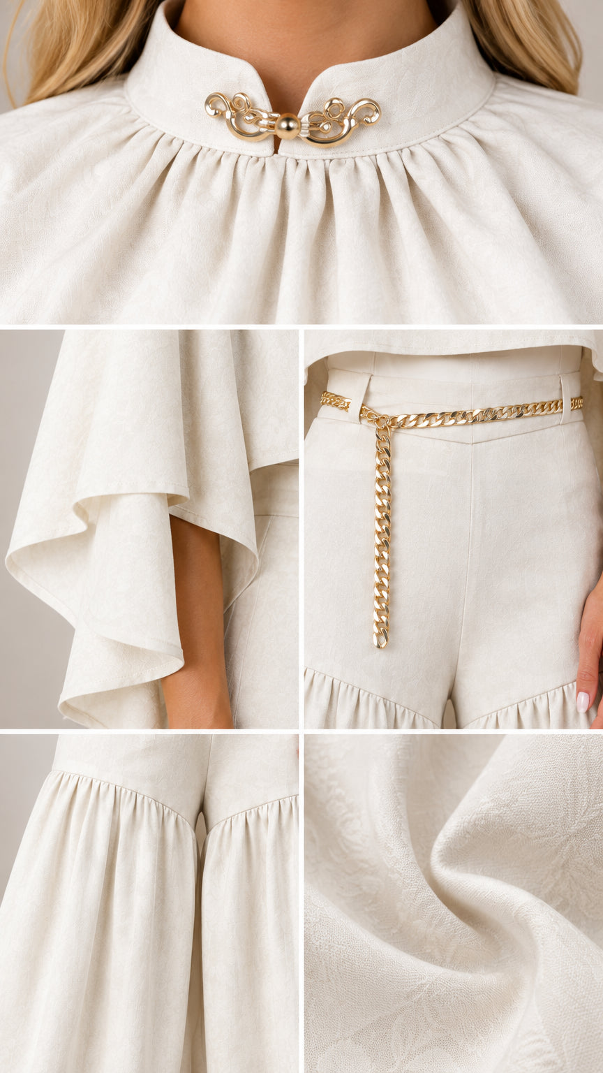 Close-up details of gold-tone collar clasp, cape sleeve, chain belt, and textured fabric