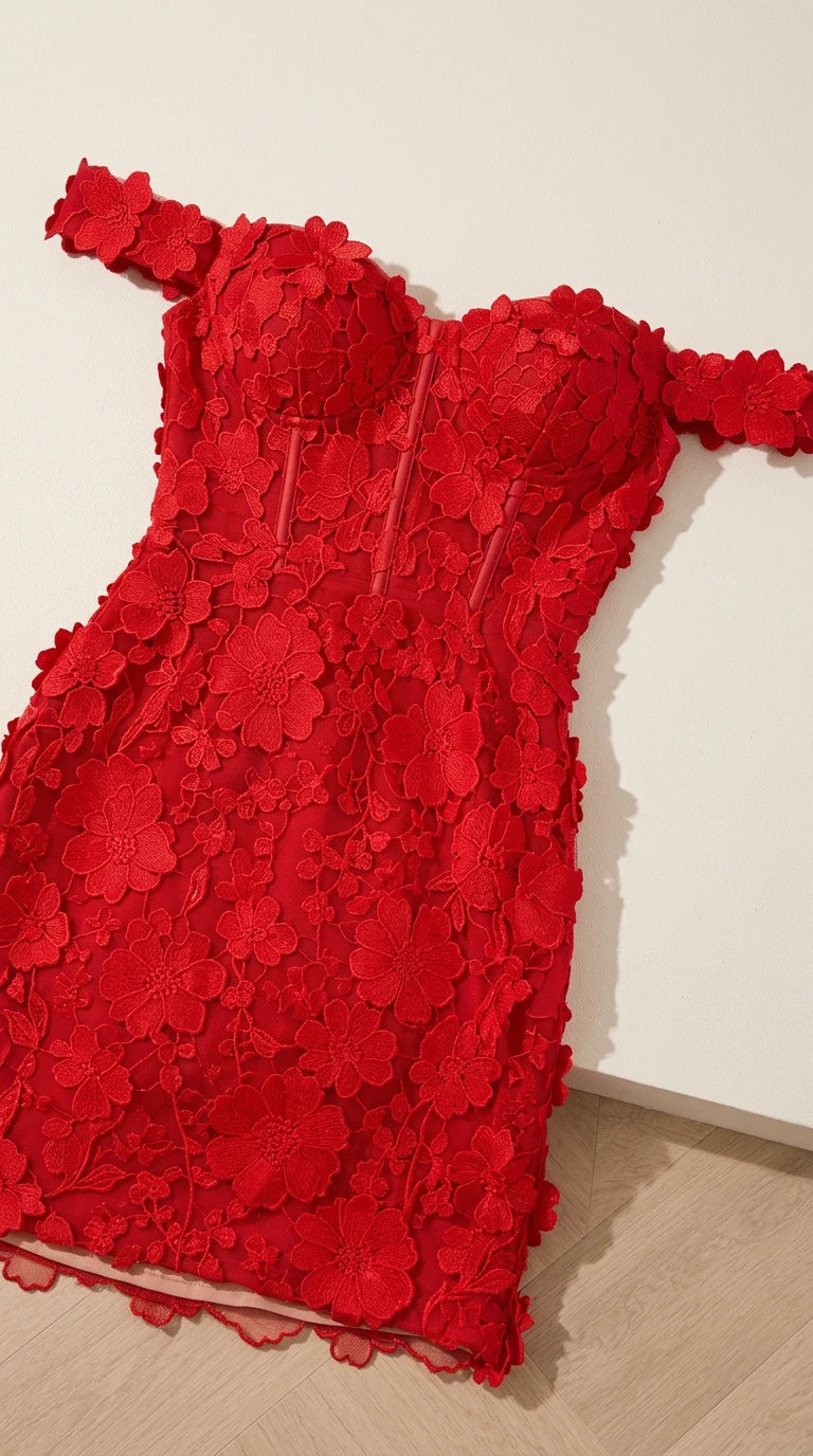 Detailed close-up of red 3D floral lace and corset boning structure