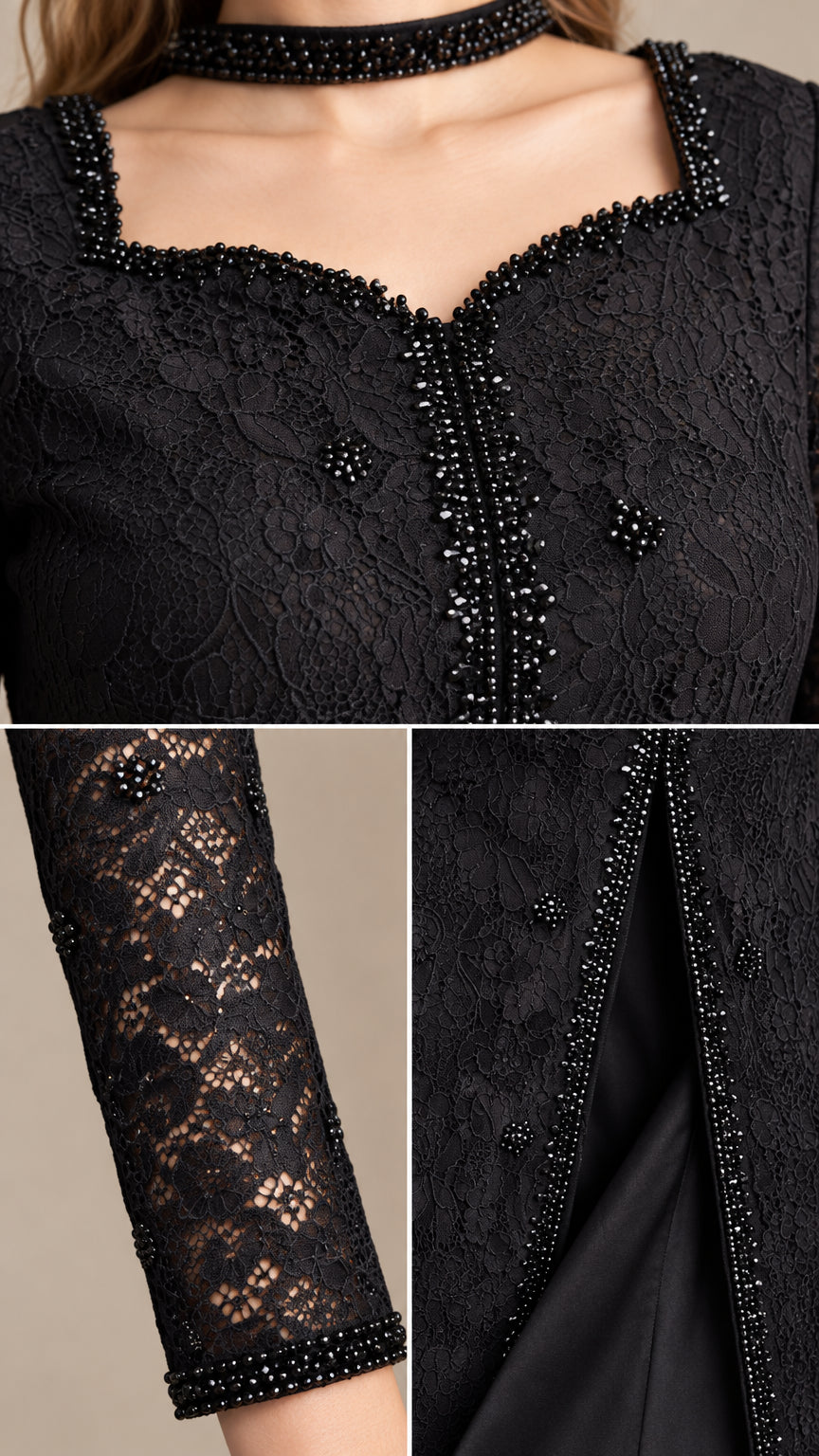 Close-up details of intricate beading along the neckline, collar, and lace sleeve cuffs