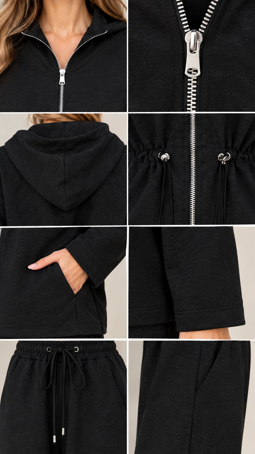 Close-up details of silver front zipper, waist toggle drawstring, and pockets