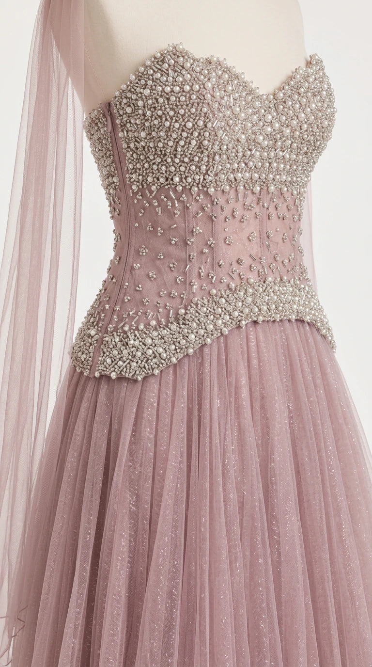 Close-up detail of heavily beaded sweetheart corset bodice with dropped basque waistline