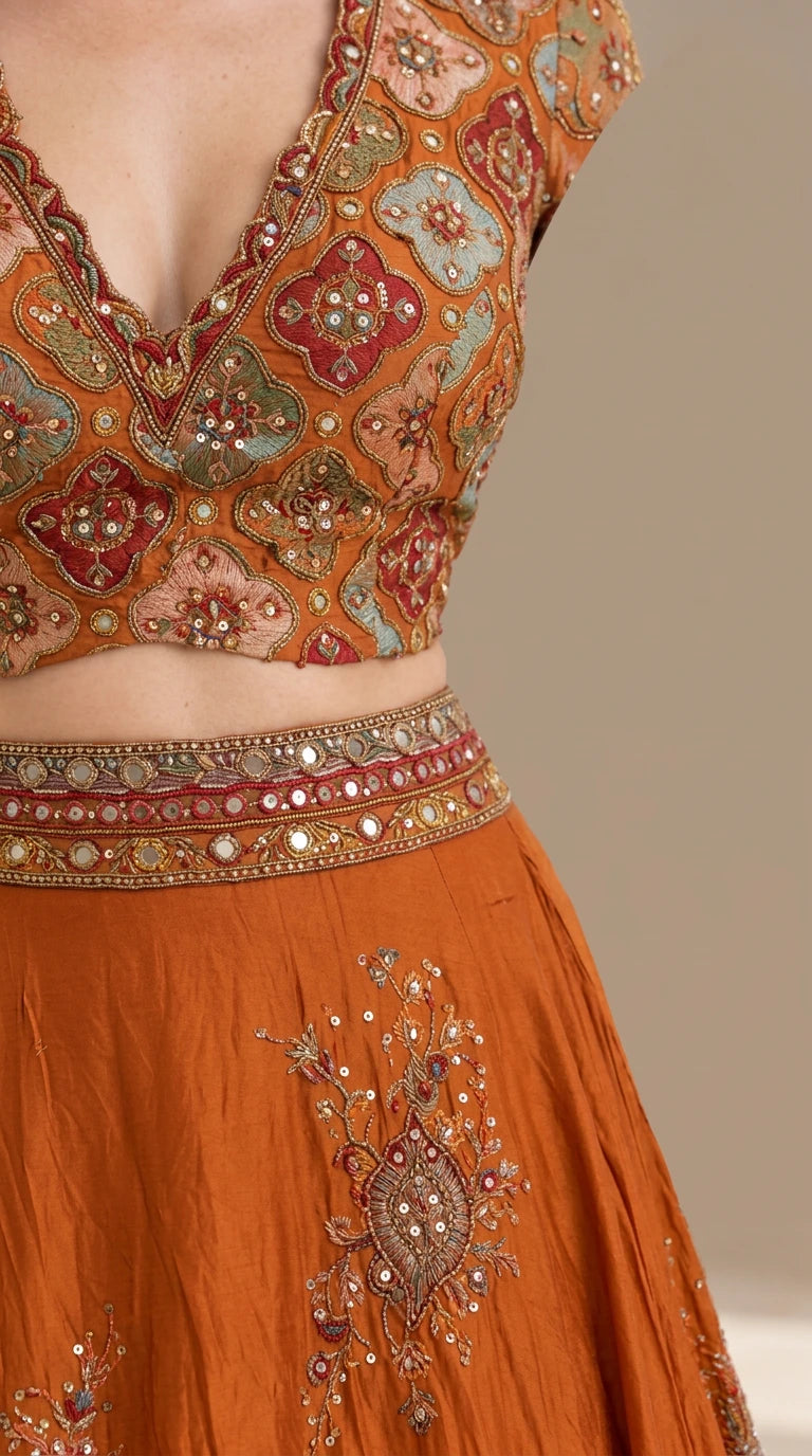 Close-up detail of Rust Orange embroidered bodice and embellished waistband