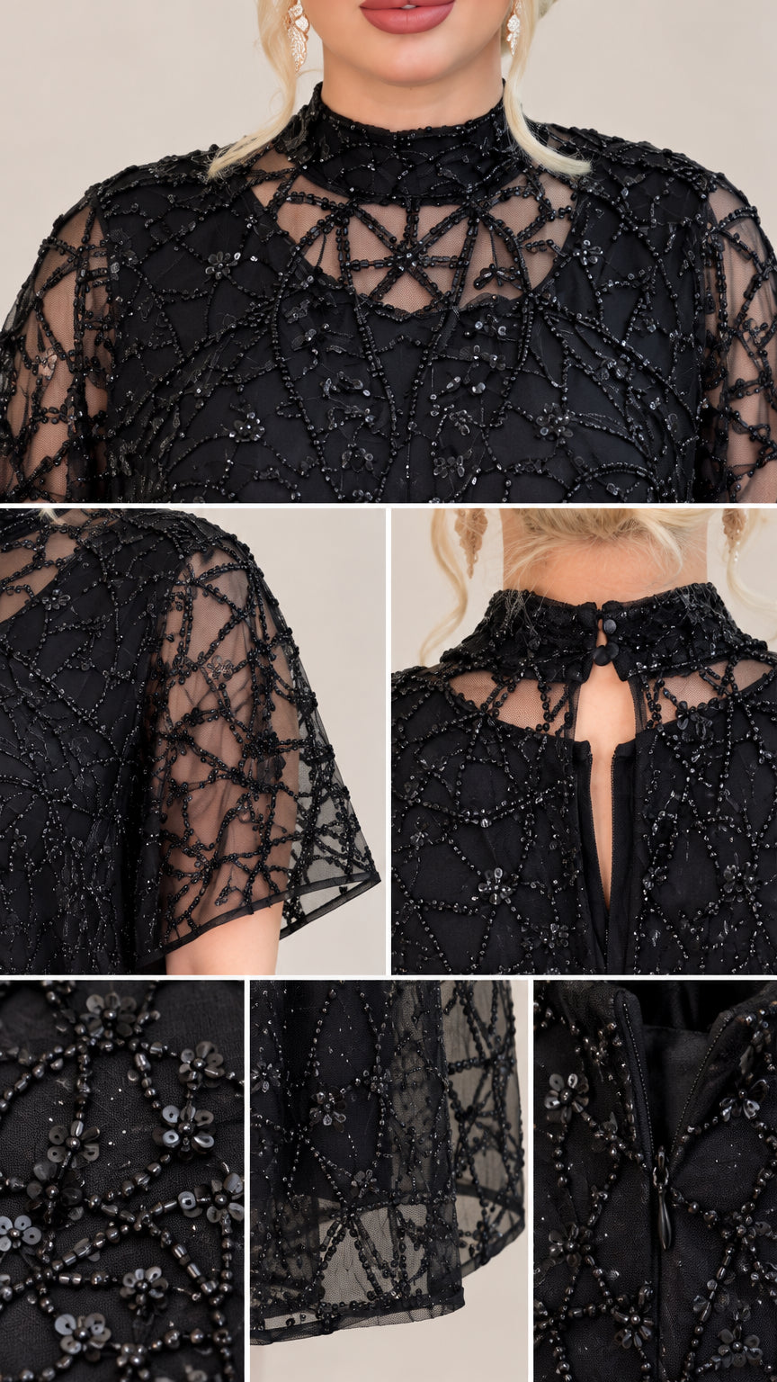 Close-up details of neckline beadwork sheer sleeve and zip closure