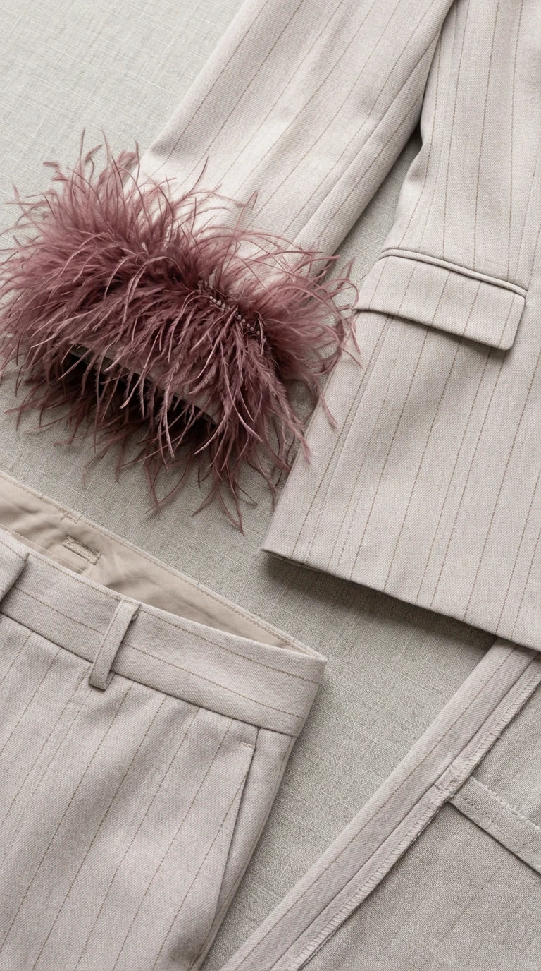 Close-up detail of textured light grey pinstripe fabric and mauve feather cuff trim
