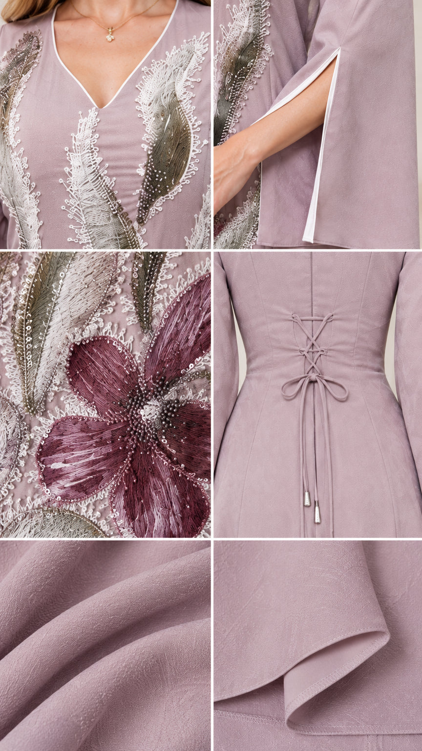 Close-up details of neckline embroidery, split bell cuff, and back corset ties