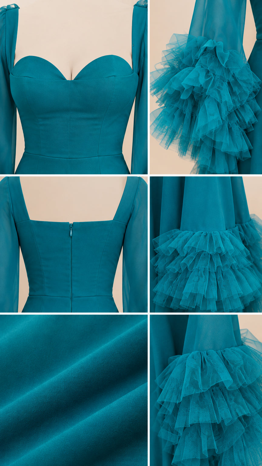 Close-up details of sweetheart bodice, tulle ruffle sleeves, back zipper, and fabric texture