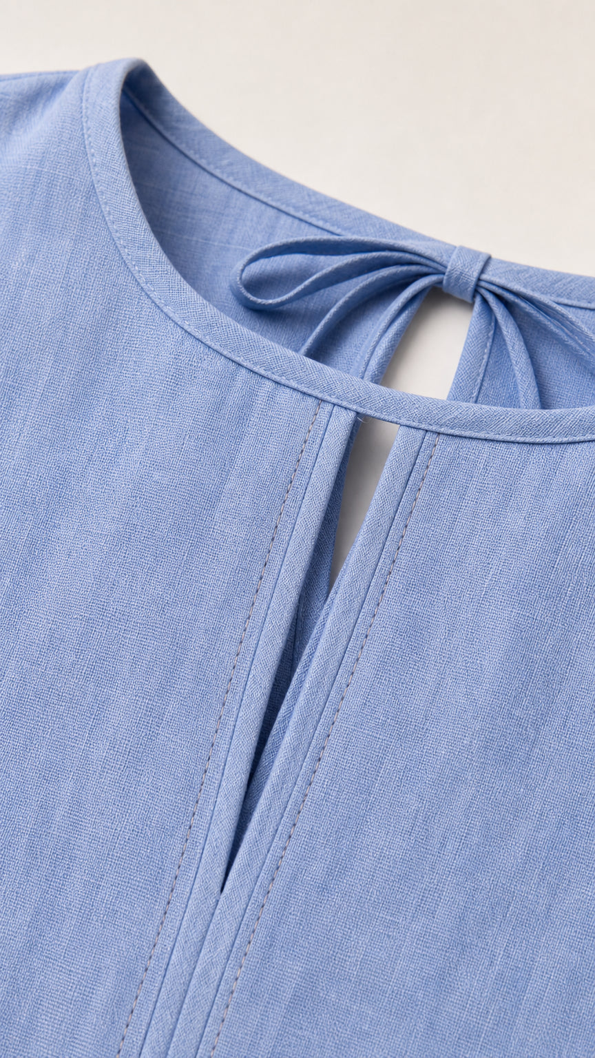 Close-up detail of keyhole slit neckline and back tie bow on blue textured fabric
