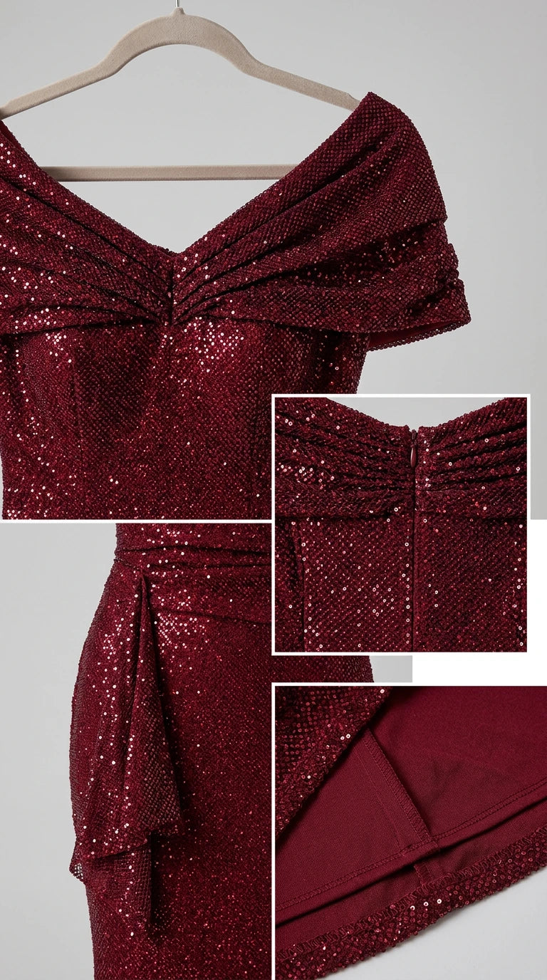 Close-up details of draped sequin neckline, cascading waist ruffle, and inner lining