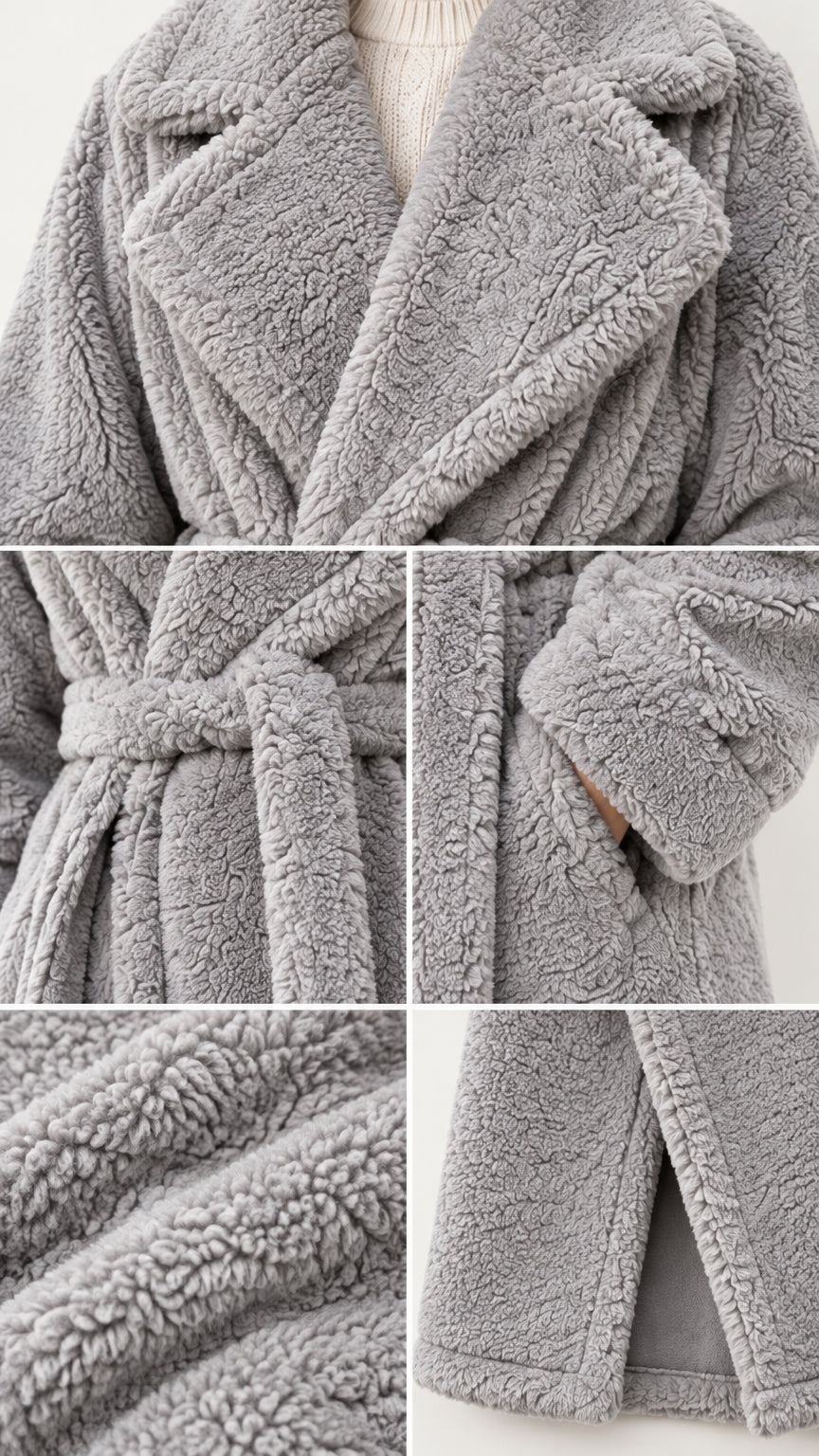 Close-up details of grey teddy coat collar, waist belt, cuff pocket, and textured fabric
