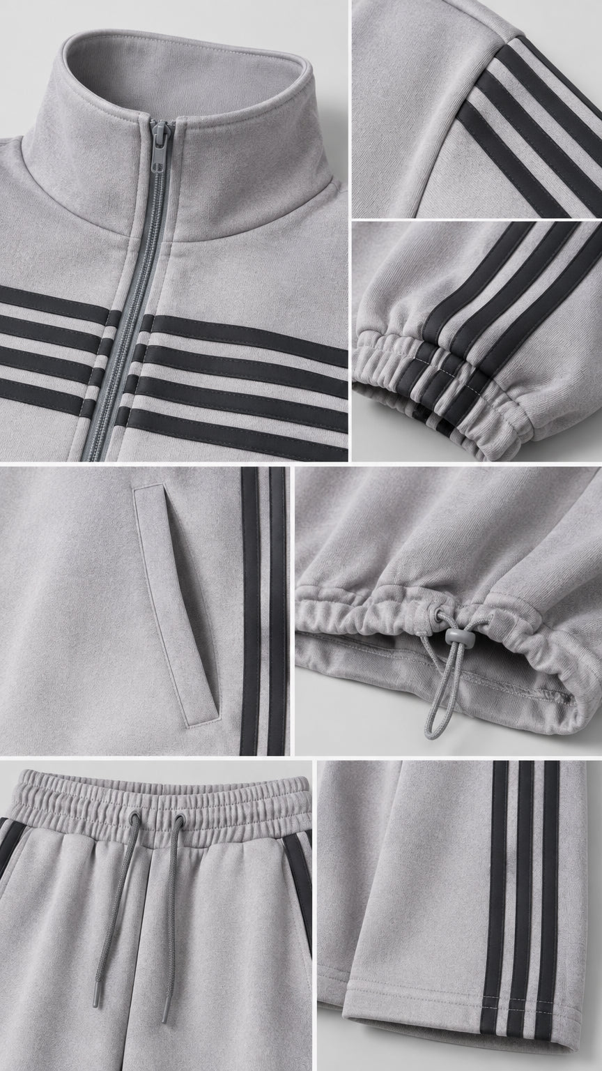 Close-up collage of Heather Grey tracksuit details including zipper, collar, stripes, pockets, and hem drawstrings