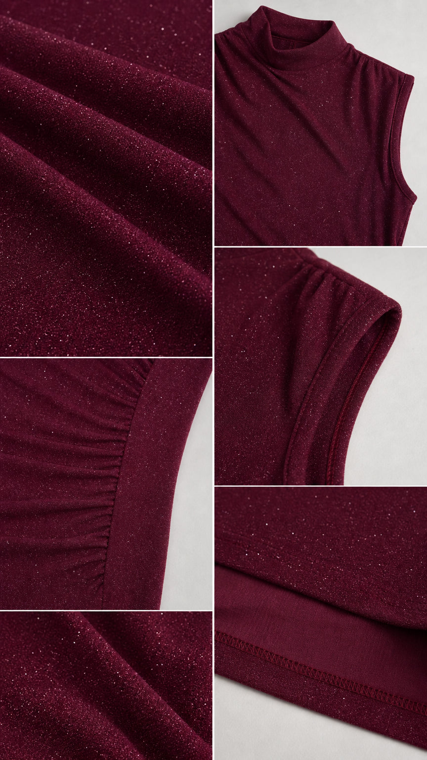 Close-up details of burgundy shimmer knit fabric and side ruching
