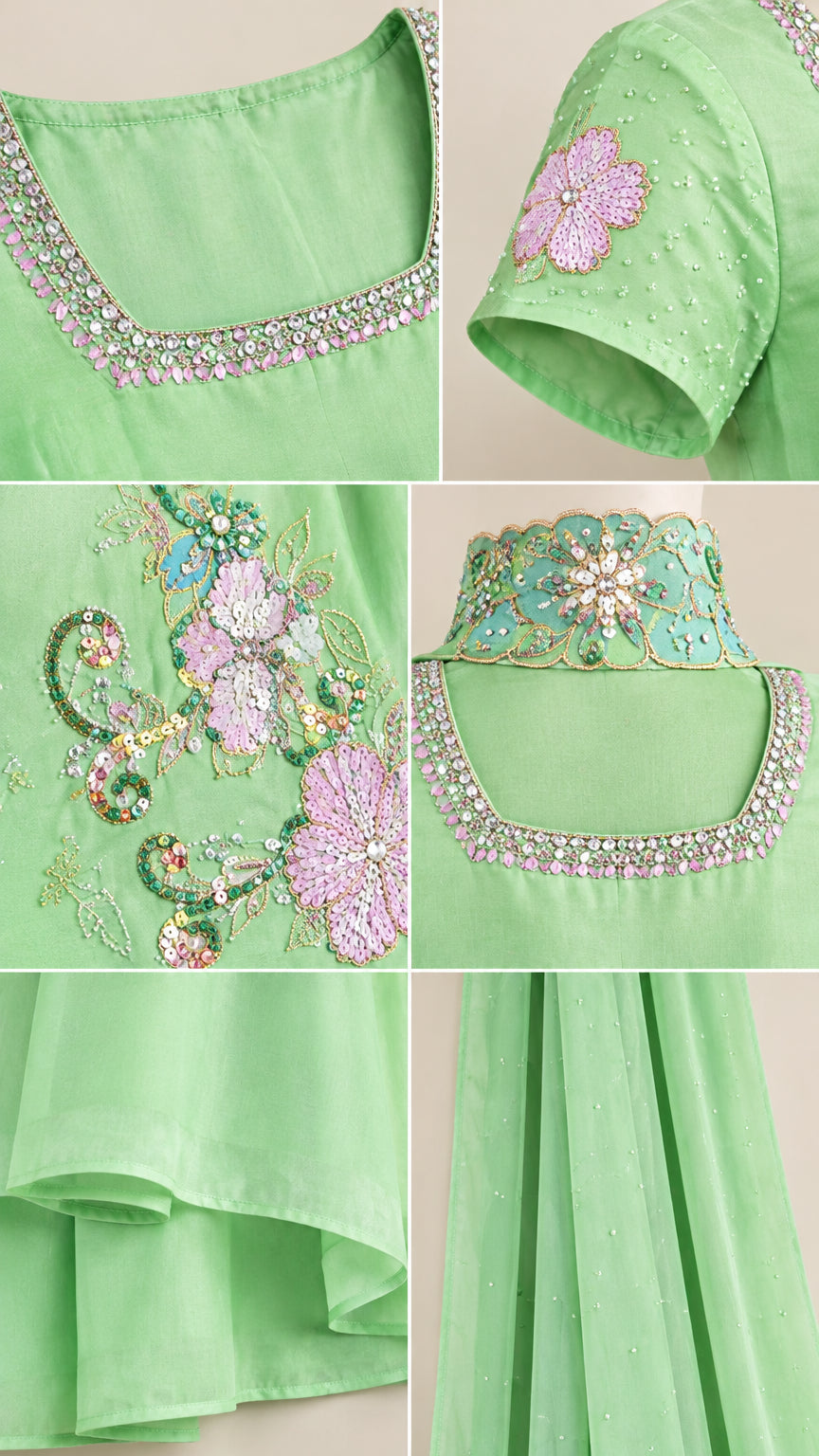 Close-up details of embellished neckline, floral sleeve embroidery, and matching neckpiece in Mint Green