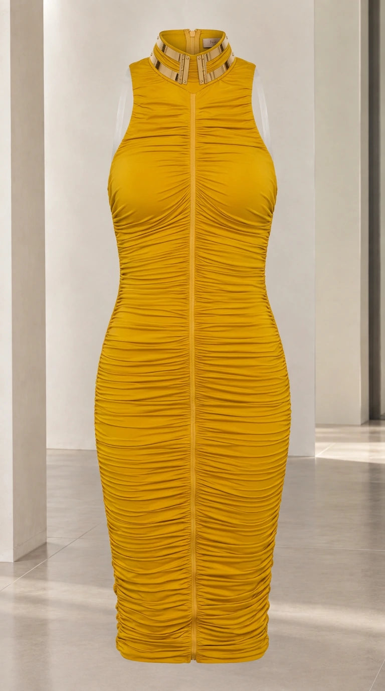 Studio flat display of mustard yellow high neck ruched midi dress with metallic detail