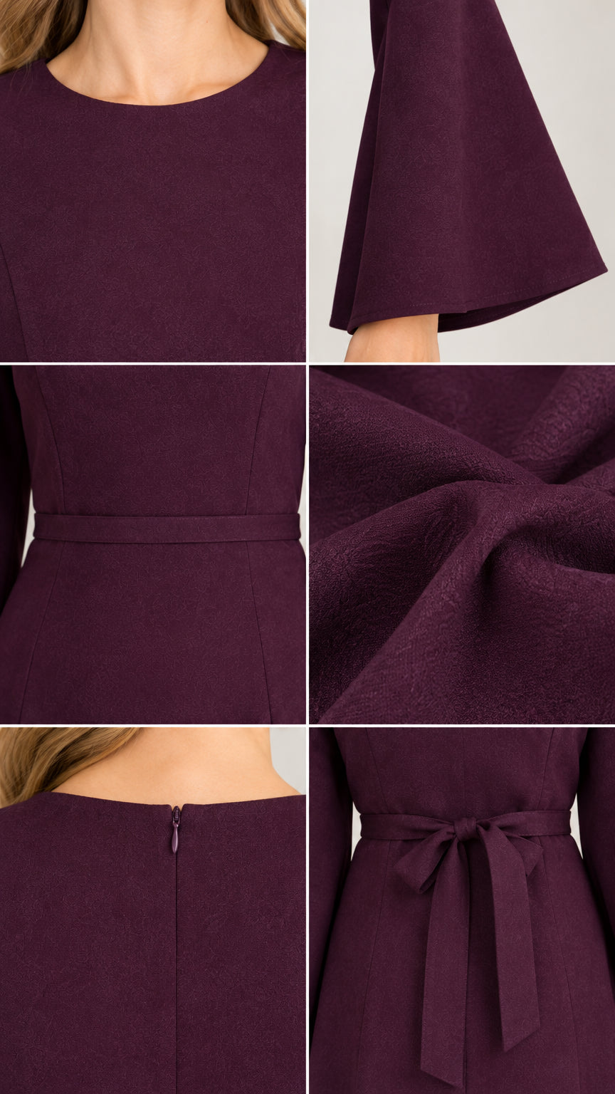 Close-up detail collage showing the round neckline, flared sleeve, fabric texture, waist, zipper, and back tie