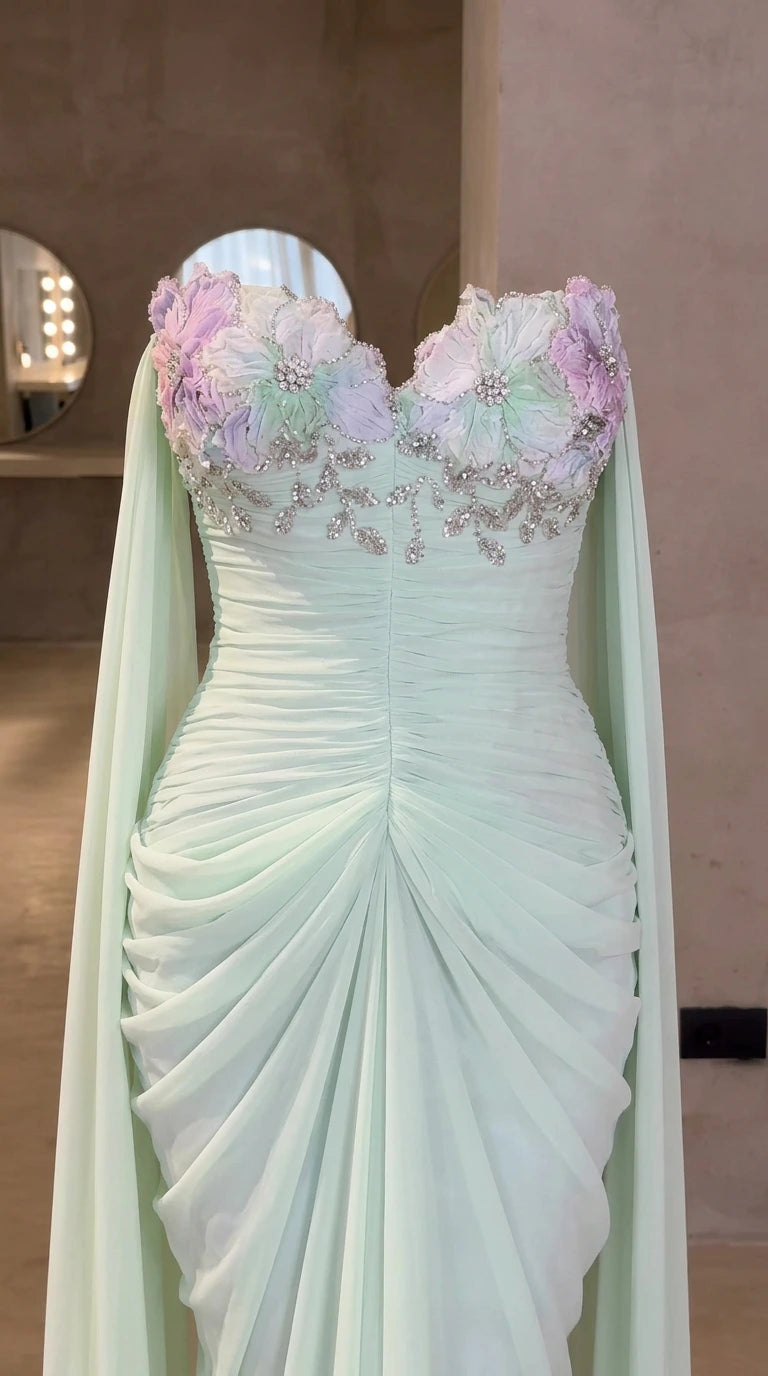 Close-up of pastel floral appliqués and beading on mint green sweetheart bodice