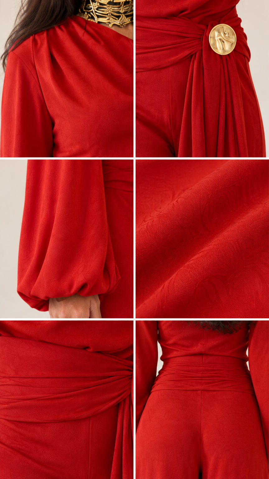 Close-up details of neckline, sleeve cuff, gold waist emblem, and fabric texture on red jumpsuit
