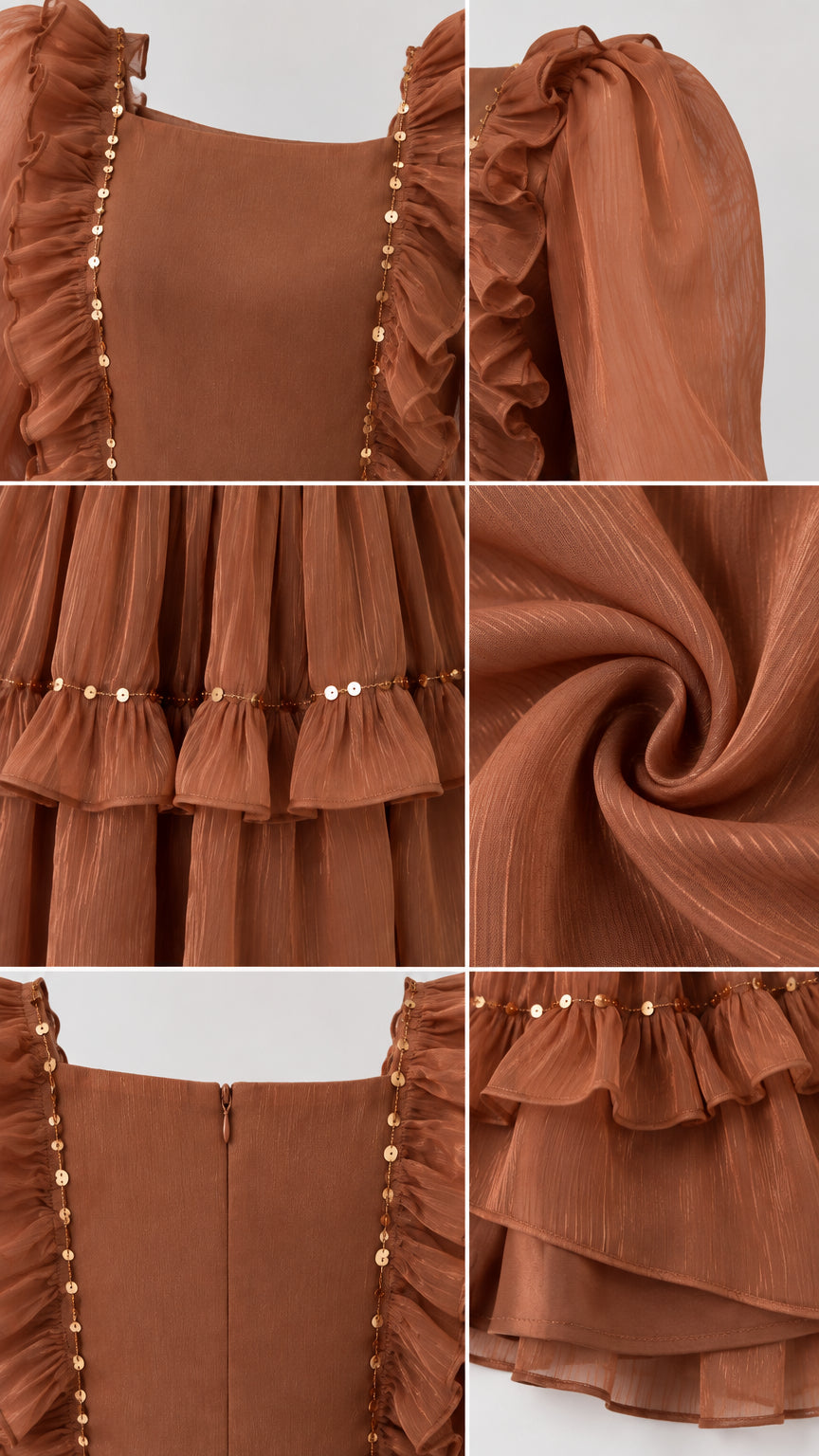 Close-up details of square neckline, puff sleeves, fabric texture, and sequin ruffle hem