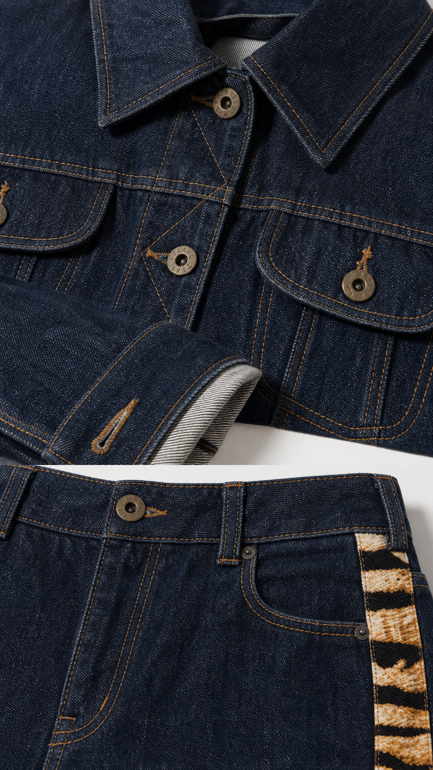Close up detail of Dark Blue denim jacket buttons and flare pants waistband with animal print trim