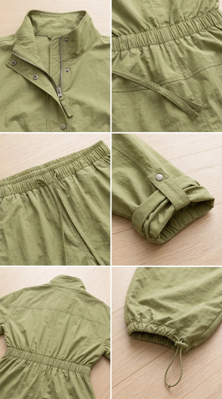 Close-up details of collar zipper, drawstring waistband, snap cuffs, and ankle toggle